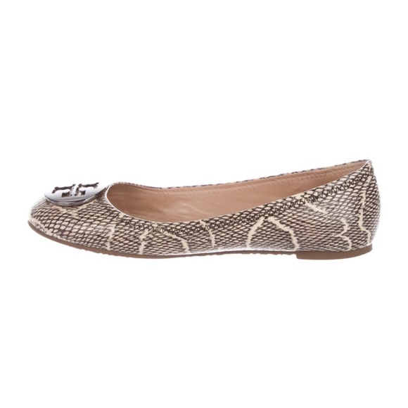 Tory Burch Reva Ballet Flat in Cobra Print in Black Natural w/ Pewter Logo Sz 8 - Picture 3 of 5
